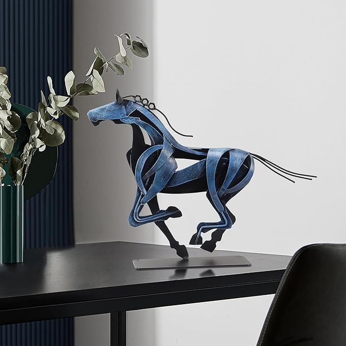Horse Statue, Unique Metal Art Sculpture for Vintage Home Decor, Modern Decor, Gift for Horse Lovers (Blue)