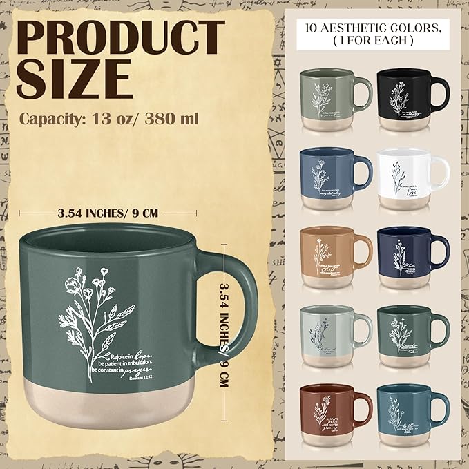 10 Pcs Christian Mugs for Women Inspirational Bible Verse Coffee Mug 13 Oz Religious Cup Ceramic Christian Cup Aesthetic Church Gift For Women Men Teacher Employee Friend (Neutral Color)
