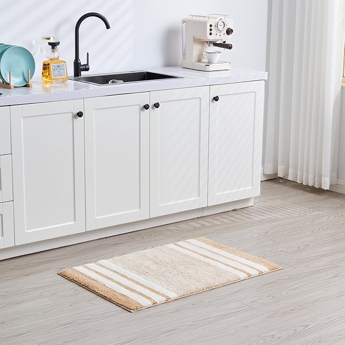 CozeCube Beige Striped Bath mats for Bathroom Non Slip, Fluffy Absorbent Microfiber Bath mat Washable, Aesthetic Bathroom Rugs, Large Bath mat for Sink, 36" x 24"