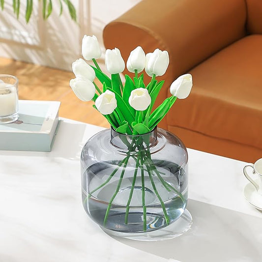 Round Glass Vase, Black Glass Vase, Wide Glass Vase, Large Glass Vase for Flowers, Large Flower Vase, 8 Inch Glass Flower Vase for Living Room, Dining Table, Wedding, Bookshelf, Office Decor