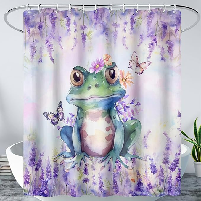 AILONEN Frog Shower Curtain, Tie Dye Lavender Flower Bath Curtain,Tie Dye Frog Bathroom Curtain Decor,Cute Frog Polyester Waterproof 72" W*96" H Shower Curtain (12 Hooks)