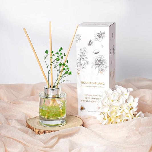 ROUCAS BLANC Reed Diffuser Set with Preserved Flowers, Lemon and Bergamot Scented Diffuser with Sticks, Room Decor & Bathroom Decor, Aromatherapy Home Fragrance Gift Set (California Cinnamon)