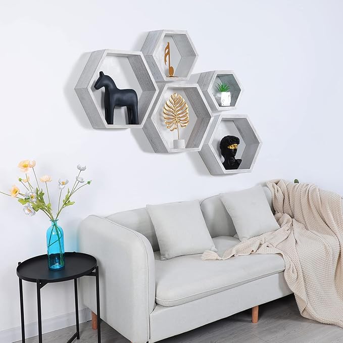 PHOENANCEE Hexagon Floating Shelves,Wall Mounted Wood Farmhouse Storage Honeycomb Wall Shelf Set of 5,for Bathroom, Kitchen, Bedroom, Living Room,Office,Driftwood Finish (Weathered White)