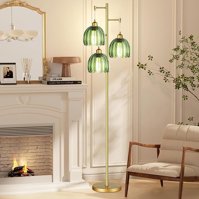 Gold Floor Lamp for Living Room Bedroom,Modern Tree Floor Lamps with Green Glass Shades,68IN Tall Standing Lamp with Bulbs,3 Lights Mid Century Vintage Floor Lamp for Corner Office Reading