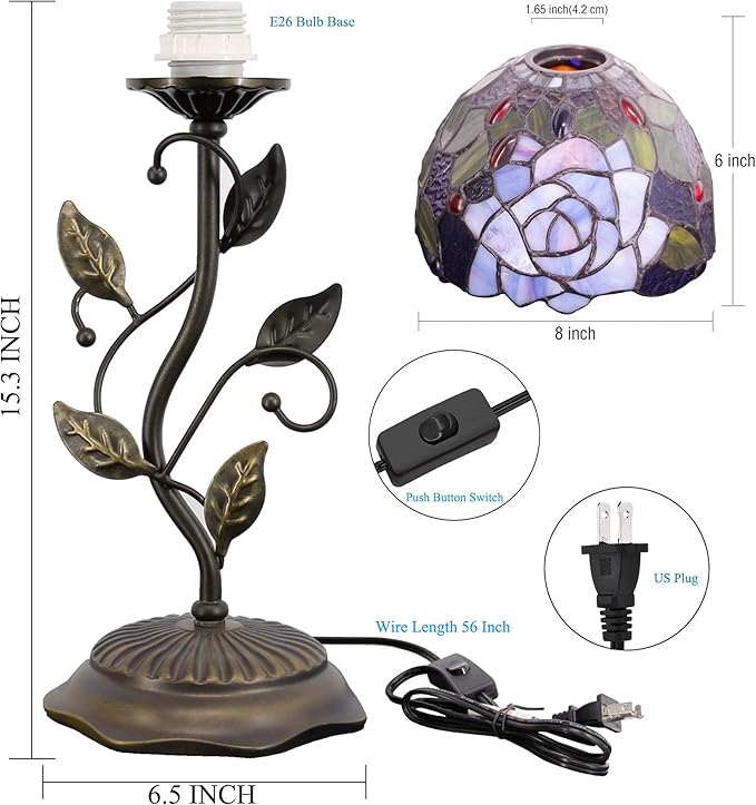 Small Tiffany Lamp Stained Glass Table Lamp Uplight Accent Lamp with Metal Leaf Base Yellow Purple Rose Style Desk Light 8X19 Inch for Home Office Living Room Bedroom