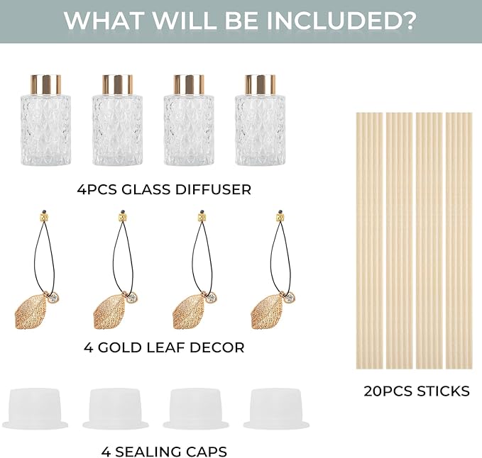 4Pcs Reed Diffuser Set with Metal Golden Decoration, 4.2oz Empty Reed Diffuser Bottles with 20Pcs Reed Diffuser Sticks, Unique Design Bottles for Home and Office(Cylinder)