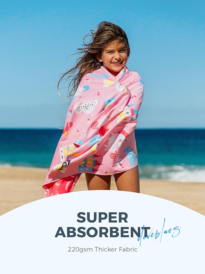 Kids Beach Towel 60''x30'', Quick Dry, Sand Free, Compact, Lightweight, Absorbent, Girls & Boys Large Microfiber Towels for Pool, Swim, Cruise Essentials, Princess