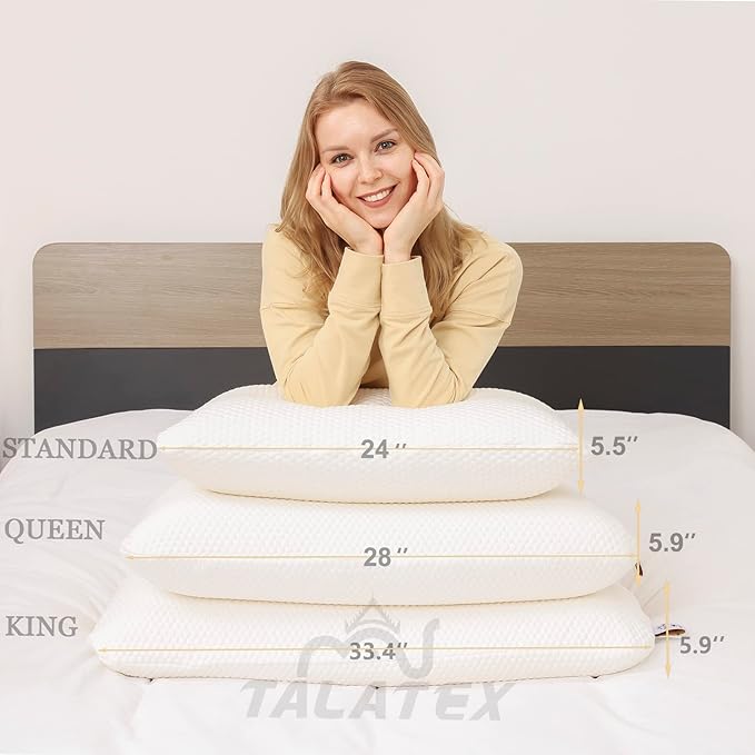 Talatex Talalay 100% Natural Premium Latex Pillow, Helps Relieve Pressure, No Memory Foam Chemicals, Perfect Package Best Gift with Removable Tencel Cover (Soft, Queen (28"×16"×5.9"))
