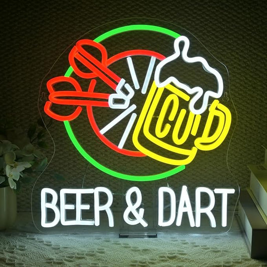 Beer & Dart Neon Sign – Fun Bar Wall Light with Dartboard and Beer Mug Design – 13"x12.6" LED Decor for Game Room, Pub, or Man Cave, USB Powered, 5V/2A，Dimmable