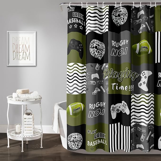 AILONEN Gamer Shower Curtain,Olive Green Ball Sports Waterproof Fabric Shower Curtain for Boys Kids Teens, 72" W*96" H Gaming Gamer Theme Shower Curtain Sets