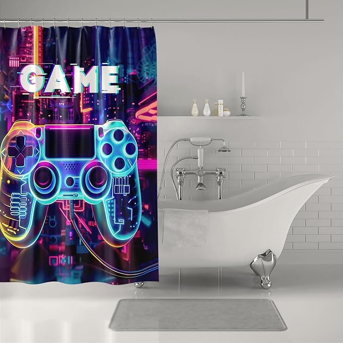 Video Game Shower Curtain Gaming Gamepad Controller Shower Curtains for Bathroom Decor Waterproof Polyester Fabric Gamer Bathroom Curtain with Hooks 55x72 Inch