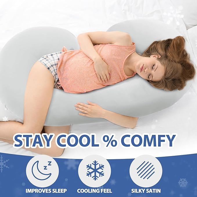Cooling Pregnancy Pillow Cover (ONLY Pillowcase), Q-Max 0.4 C Shaped Luxurious Smooth Maternity Pillow Cover with Hidden Zip, Cool Large Pillow Protector for Side Hot Sleeper, Grey, 60x34 in