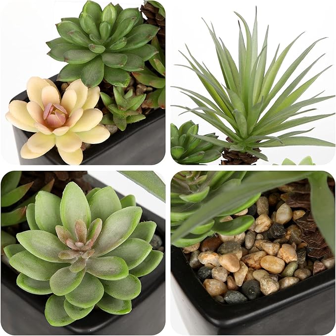 Artificial Succulents Plants in Black Ceramic Planter Assorted Faux Succulents in Pots Arrangement 8.7" Fake Succulent Potted Plant for Home Office Desk Bathroom Shelf Living Room Indoor Outdoor Decor