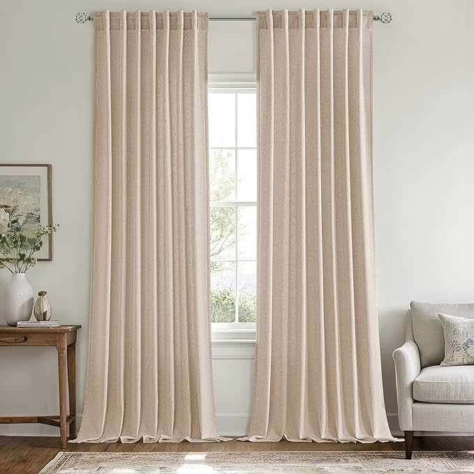MIULEE Non-See-Through Privacy Linen Curtains 2 Panels, Light Filtering Window Curtains Farnhouse Textured Back Tab Semi Sheer Drapes for Bedroom Living Room, 52 x 108 Inches Long, Beige