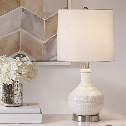510 DESIGN Gypsy Ceramic Table Lamps for Bedroom, Nightstand Light with Cotton Blend Fabric Shade, Rotary Switch, 72" Corded, 60W, Transitional, Farm House, Used at Desk Side, Living Space - White