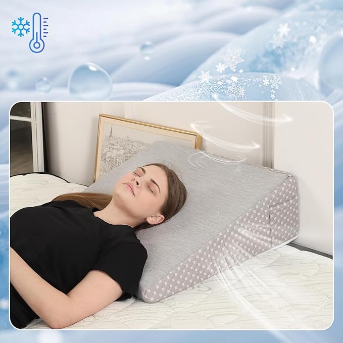 Wedge Pillow for Sleeping, 8 Inch Cooling Triangle Bed Pillow with Removable Cover, Elevated Body Pillow for Back Support, After Surgery, Snoring, Neck, Leg and Acid Reflux, Grey