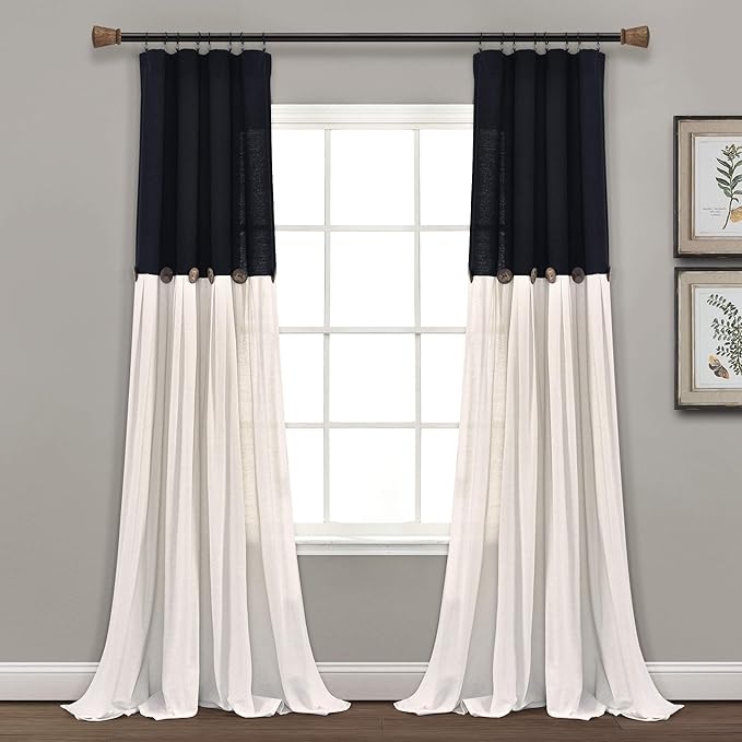 Lush Decor Linen Button Window Curtain Panel, Single, 40" W x 95" L, Black & Off White - Country Curtains - Rustic Decor - Color Block Modern Farmhouse Curtains For Living Room, Bedroom & Dining Room