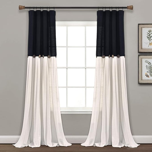 Lush Decor Linen Button Window Curtain Panel, Single, 40" W x 95" L, Black & Off White - Country Curtains - Rustic Decor - Color Block Modern Farmhouse Curtains For Living Room, Bedroom & Dining Room