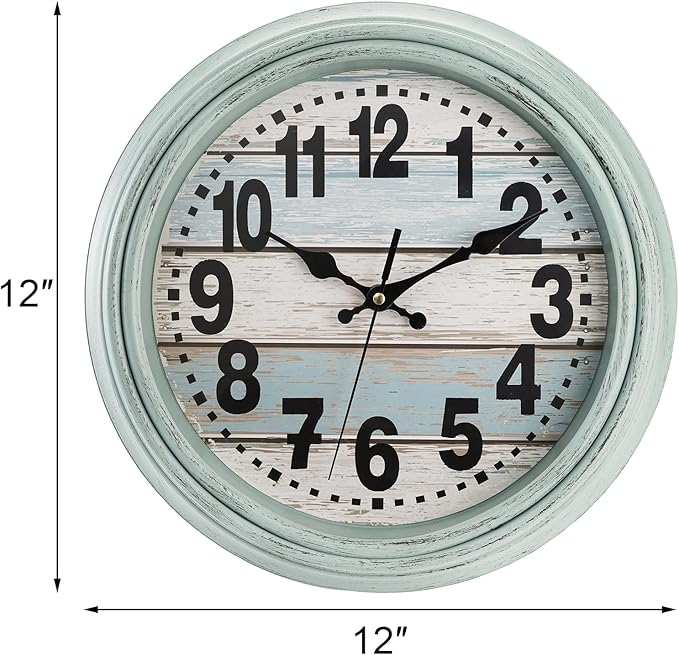ZENFUN 12'' Rustic Wall Clock, Silent Non Ticking Clock Quartz Wall Clock Battery Operated, Country Style Wall Decoration for Kitchen Living Room Home, Office, School, Large Numbers, Green