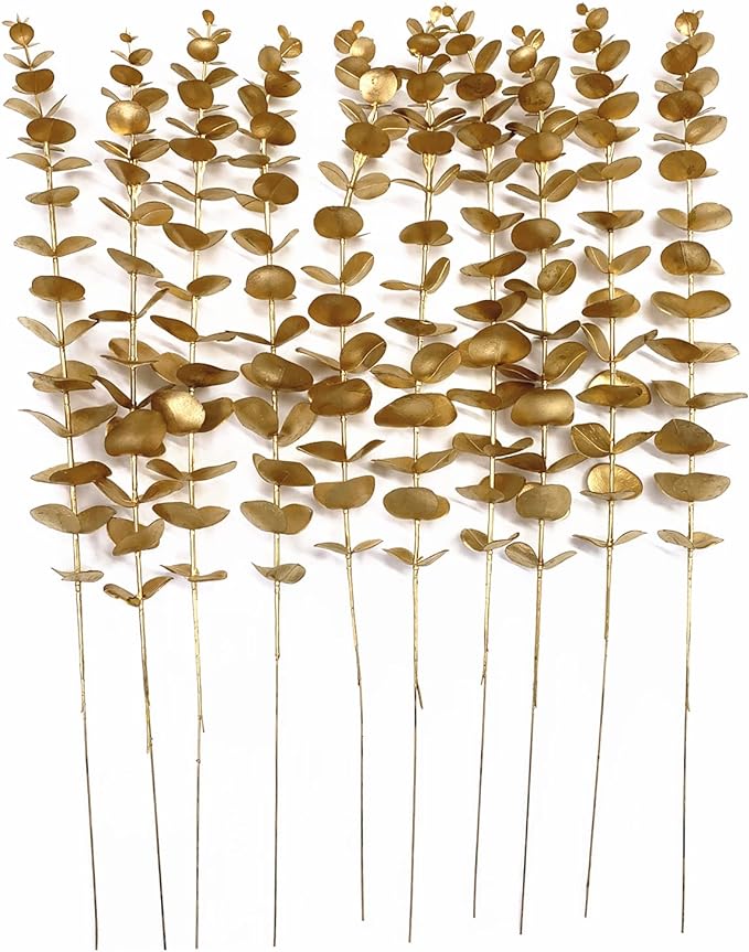 CATTREE Artificial Gold Eucalyptus, Faux Plastic Golden Plants 19" Tall 10 Pcs, Wreath Decorations Fake Shrubs for Wedding Hotel Hall Party Indoor Home Table Centerpieces DIY Decor Planting Filler