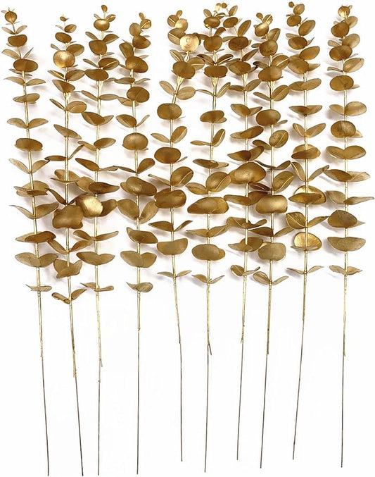 CATTREE Artificial Gold Eucalyptus, Faux Plastic Golden Plants 19" Tall 10 Pcs, Wreath Decorations Fake Shrubs for Wedding Hotel Hall Party Indoor Home Table Centerpieces DIY Decor Planting Filler