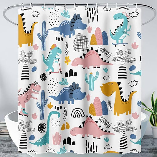 AILONEN Dinosaur Shower Curtain for Kids Boys,Cartoon Dinosaur Bath Curtain 72" W*72" H,Cactus Rainbow Dinosaur Waterproof Shower Curtain with 12 Plastic Hooks