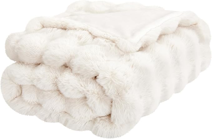 JONIYEAR Soft Fuzzy Bubble Faux Rabbit Fur Throw Blanket for Couch 50" x 60", Double Sided Textured Warm Fluffy Blanket for Winter, Luxury Cozy Puffy Shaggy Comfy Furry Blankets for Chair, Cream White