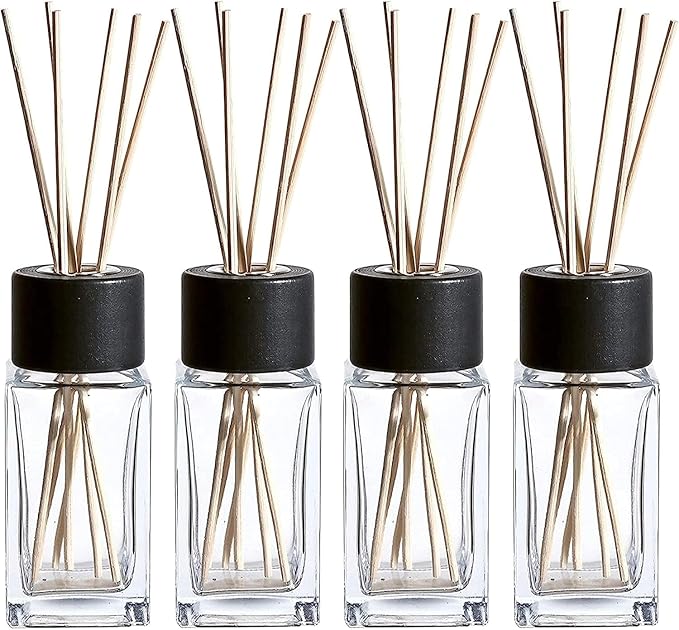 WHOLE HOUSEWARES Natural Diffuser Reeds Bottles Sticks | Clear Glass Home Décor for Kitchen and Living Room | Black Wood Caps | Décorative Fragrance Set with Long Lasting Aroma - Set of 4