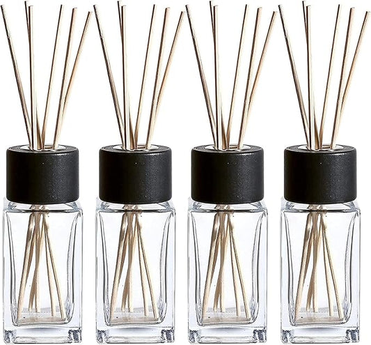 WHOLE HOUSEWARES Natural Diffuser Reeds Bottles Sticks | Clear Glass Home Décor for Kitchen and Living Room | Black Wood Caps | Décorative Fragrance Set with Long Lasting Aroma - Set of 4