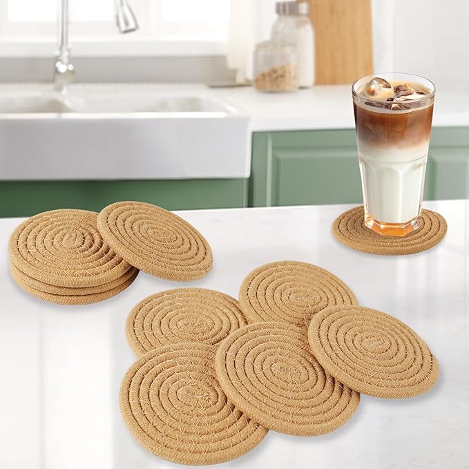 Vivinin 10 Boho Cotton Coasters - Absorbent Coasters for Drinks, Brown Set for Room Decor, Bar, Housewarming Gift, 4.3"