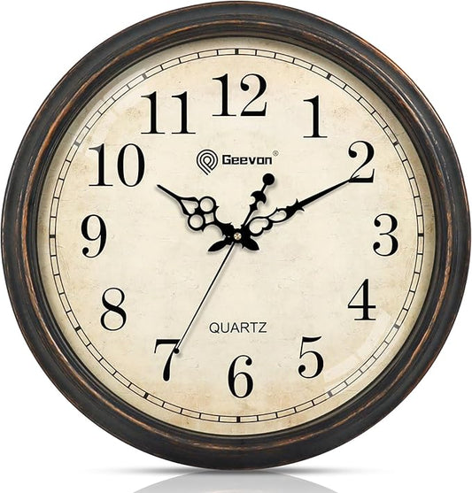 Geevon Vintage Wall Clock, Silent 18" Non Ticking Retro Round Clock Quartz Decorative Battery Operated Wall Clock for Kitchen, Office, Bedroom, Living Room, Classroom, Decor