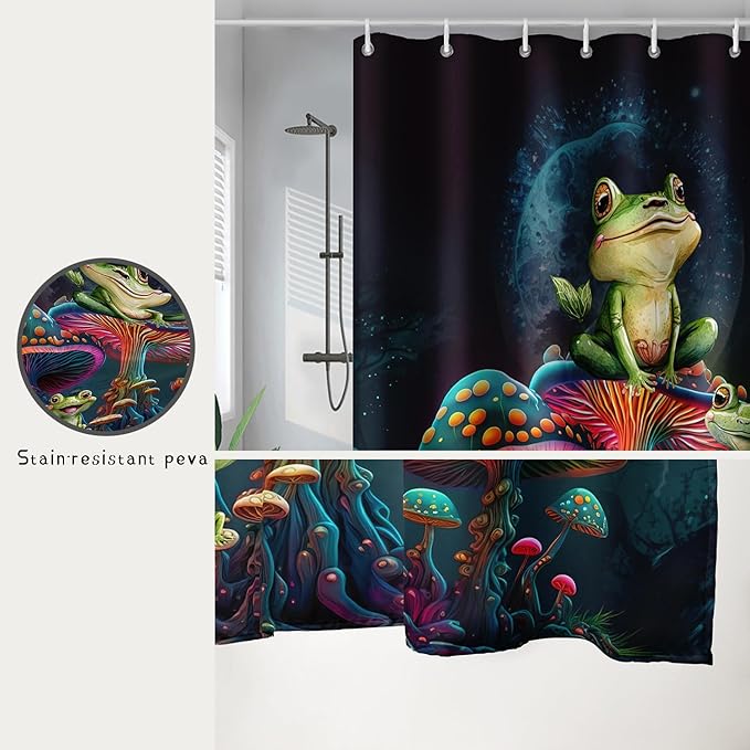 AILONEN Frog Mushroom Shower Curtain Cartoon Animal Wildlife Frog Mystic Black Sky Red Mushroom Minimalist Modern Art Shower Curtain Bathroom Decor Curtains with 12 Hooks,Green 72" W*72" H