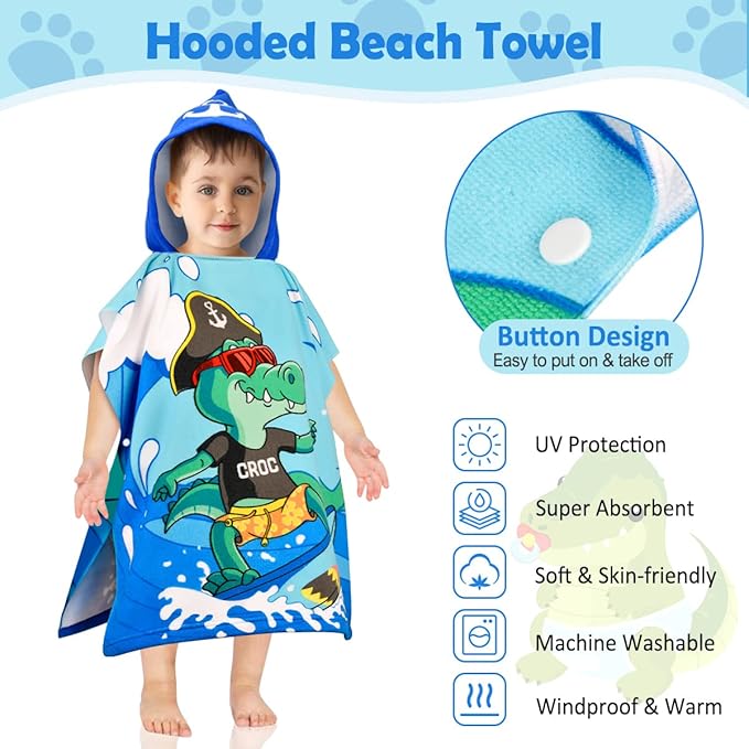 HUANLANG Kids Hooded Beach Towel for Boys Girls,Bath Pool Beach Poncho Towels Super Soft & Absorbent Cotton Towel Childrens Crocodile Beach Towels for Toddler 0-7 Years Old