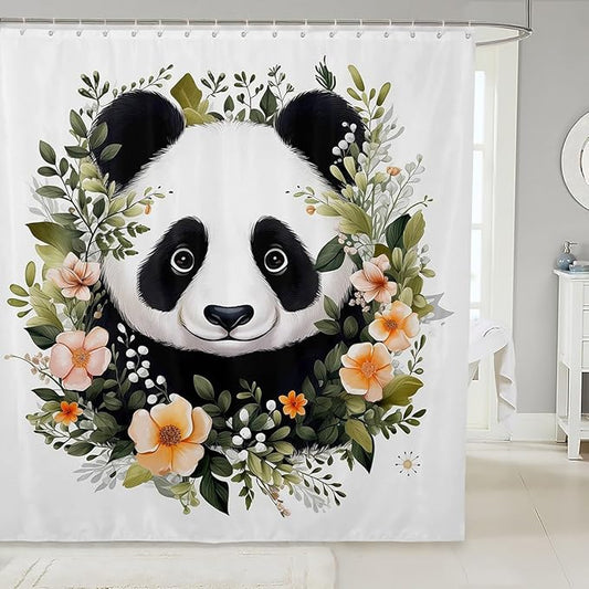 Feelyou Panda Shower Curtain Boys Girls Cute Cartoon Panda Fabric Shower Curtain for Kids Flower Botanical Bathroom Waterproof Accessories with 12 Hooks Animal Curtains,72x72 Inches