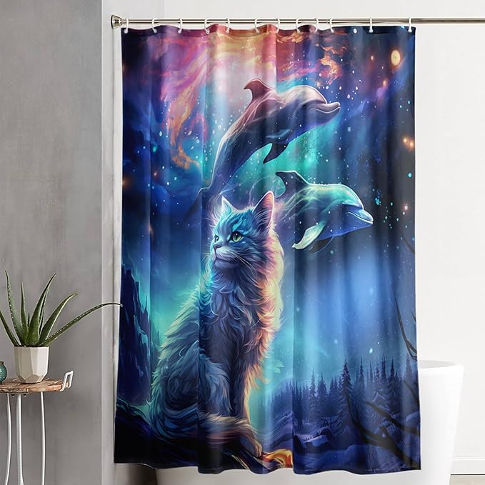 AILONEN 3D Kawaii Cat Shower Curtain Set,Cat Lovers Animal Waterproof Fabric Bath Curtain for Kids Girls,Jumping Dolphin Shower Curtain,Starry Night Shower Curtains for Bathroom Decor, 60" W*72" H