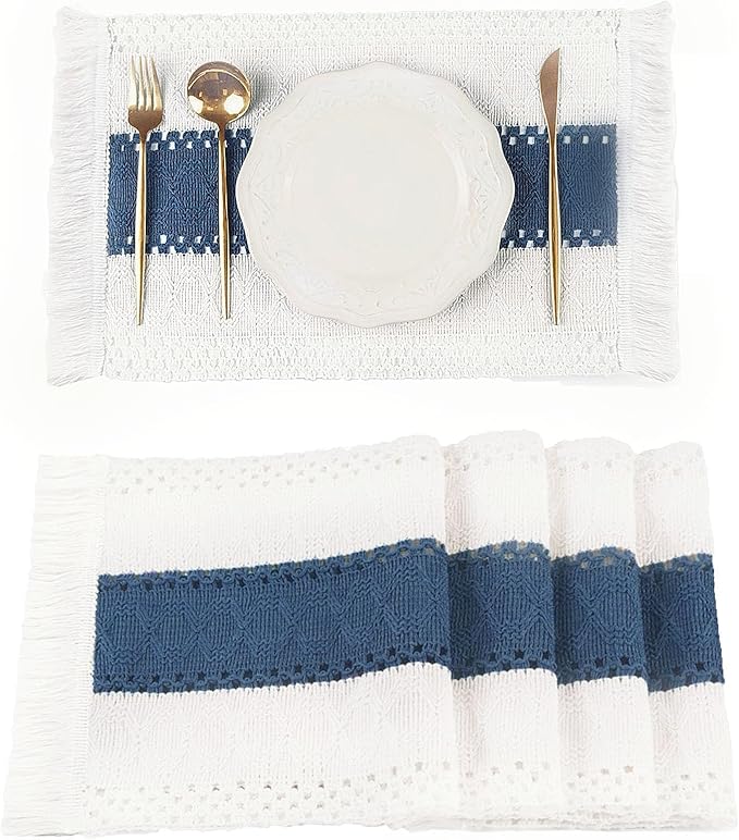 FEXIA Blue Boho Placemats Set of 4, Macrame Table Decor and Farmhouse Style Placemats Natural Cotton Burlap, for Dining Table, Blue