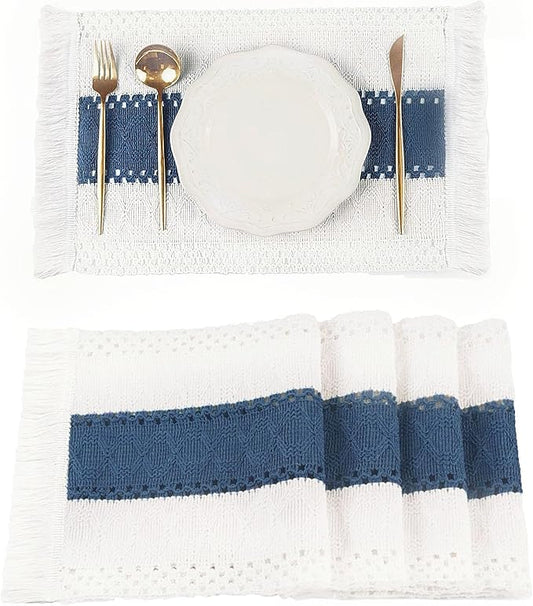 FEXIA Blue Boho Placemats Set of 4, Macrame Table Decor and Farmhouse Style Placemats Natural Cotton Burlap, for Dining Table, Blue