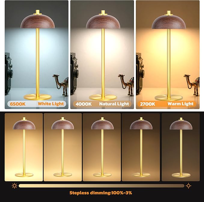 2 Pack Cordless Table Lamp, 5000mAh Portable Rechargeable Table Lamp, 3 Color Stepless Dimming Table Light with Memory Function, for Outdoor, Dinner, Patio, Home, Restaurant.(Wood Grain)