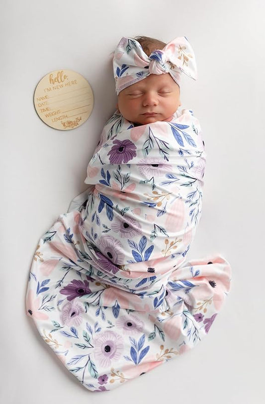 Newborn Baby Girl Receiving Blanket Swaddle Blanket Stretchy Knit Swaddle Set with Matching Headband Beanie with a Name Card (Pink and Purple Floral)