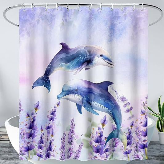 AILONEN Watercolor Dolphin Shower Curtain, Cute Dolphin Lavender Flower Bath Curtain,Modern Minimalist Purple Waterproof Fabric Shower Curtain Set with Hooks 36" W*72" H