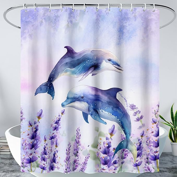 AILONEN Watercolor Dolphin Shower Curtain, Cute Dolphin Lavender Flower Bath Curtain,Modern Minimalist Purple Waterproof Fabric Shower Curtain Set with Hooks 48" W*72" H