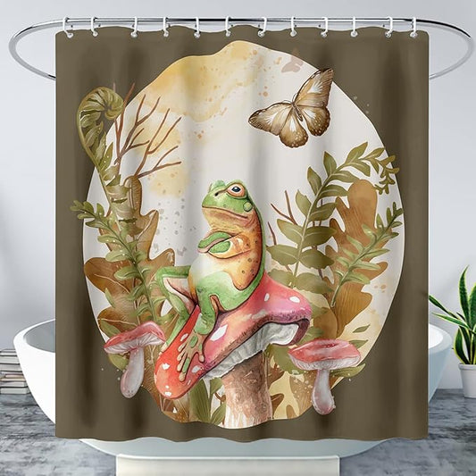 AILONEN Green Frog Mushroom Shower Curtain,Red Mushroom Waterproof Fabric Bath Curtain for Kids Girls Boys,Boho Aesthetic Minimalist Shower Curtain Set for Bathroom with Hooks,72" W*84" H