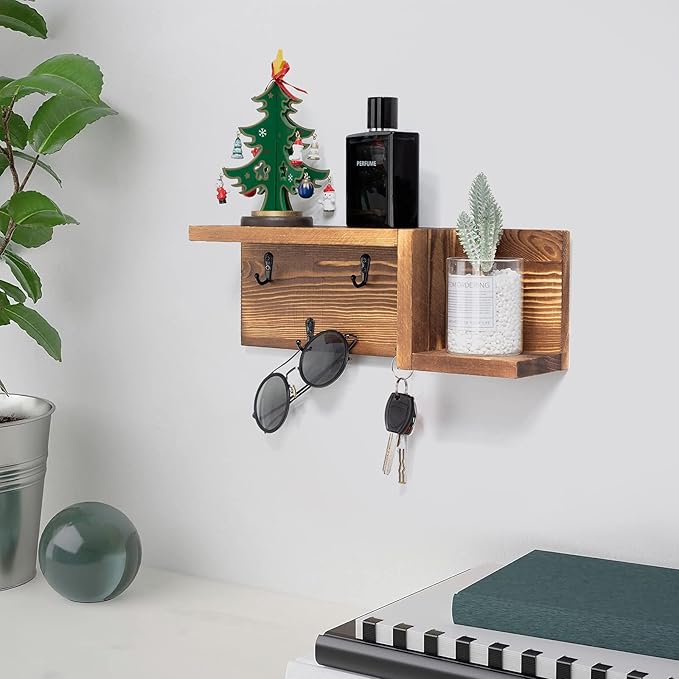 AKKO Wooden Key Holder for Wall Decorative Mail and Key Holder Organizer with 4 Key Hooks and “Z” Shape Wall Mount Floating Shelf,Rustic Home Decor for Wall, Entryway, Mudroom, Bathroom