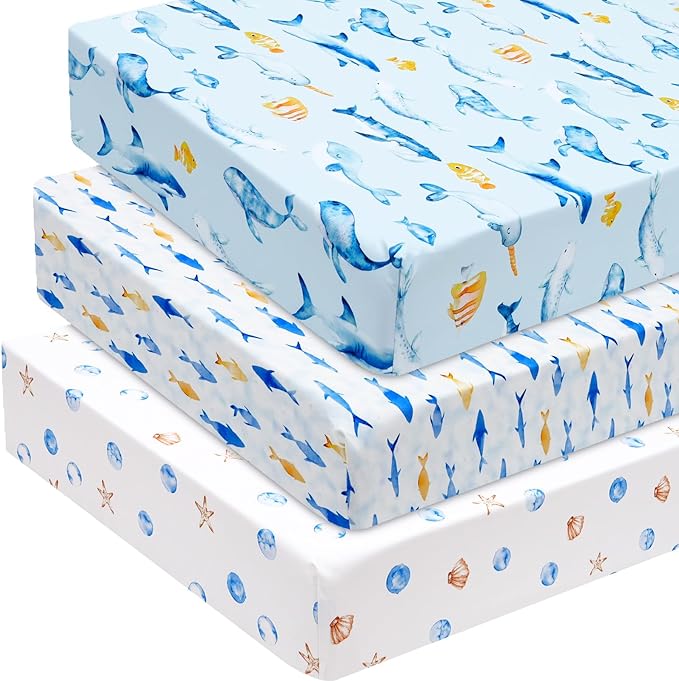 david's kids 3 Pack Fitted Crib Sheets, Ultra Soft Breathable Comfortable Baby Sheet Set for Boys Girls Neutral, 28x52 Inch Fits Standard Crib and Toddler Mattresses, Whale