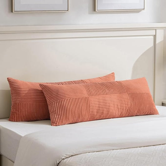 Fancy Homi Set of 2 Coral Boho Long Lumbar Body Decorative Throw Pillow Cover 14x36 Inch for Bed Couch Bedroom Bench, Soft Patchwork Corduroy Textured Pillow Case, Rustic Farmhouse Room Décor