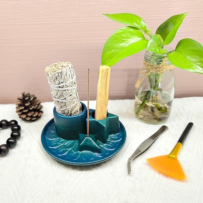 Sage and Palo Santo Holder,4 in 1 Incense Burner Holder for Sticks,Ceramic Sage Holder for Burning,Candle Holder,Ash Catcher Tray for Meditation Yoga,Blue