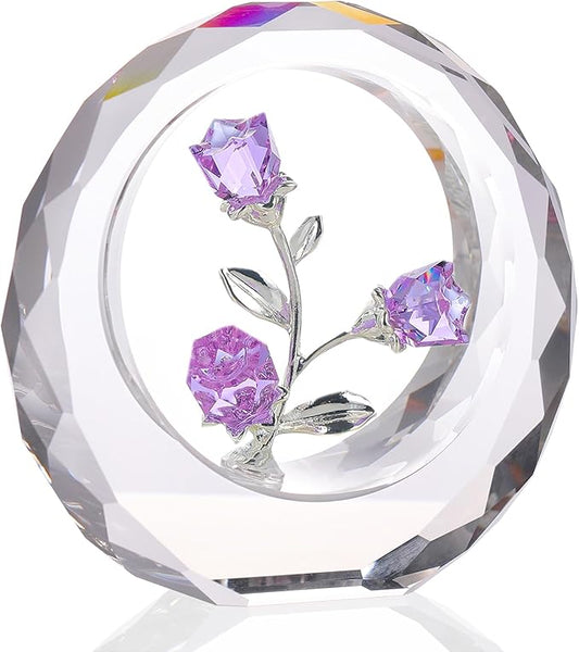 Crystal Purple Rose Bouquet Figurines Glass Flowers with Stems Valentines Anniversary Rose Gifts for Girlfriend Wife, Purple Crystal Rose in Glass Ring Collectible Figurines Forever Roses Decor