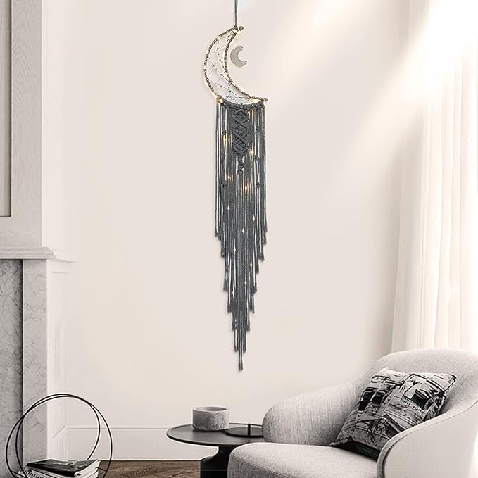 Dremisland Macrame Woven Wall Hanging Moon Dream Catcher- Boho Chic Bohemian Home Decor Wall Art Decor Beautiful Apartment Dorm Room Door Decoration (Moon-Grey)