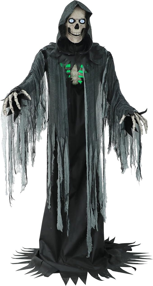 Haunted Hill Farm Motion-Activated 10-Ft. Tall Towering Reaper, Plug-in Talking Scare Prop Animatronic with Spooky Sound Effects and Lights for Indoor or Covered Outdoor Creepy Halloween Decoration
