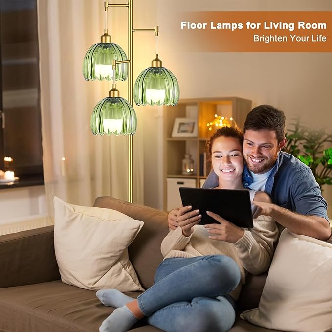 Floor Lamp for Living Room,Bedroom,Boho Rattan Floor Lights,Tree 3 Bulb Standing Lamp Farmhouse Industrial Black Tall Lamp,Wicker Bamboo Lamp Shade Flower Floor Lamps Bohemian Decor